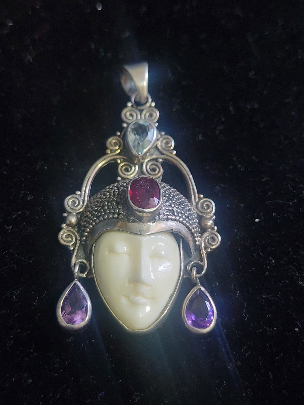 Vintage SAJEN Sterling Silver Carved Bone Goddess Pendant Gemstone